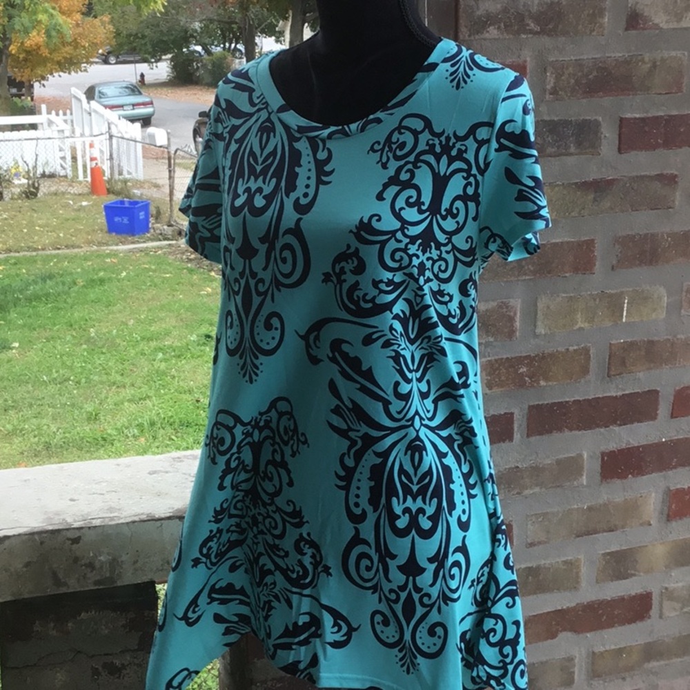 Turquoise black patterned light shift dress. L
